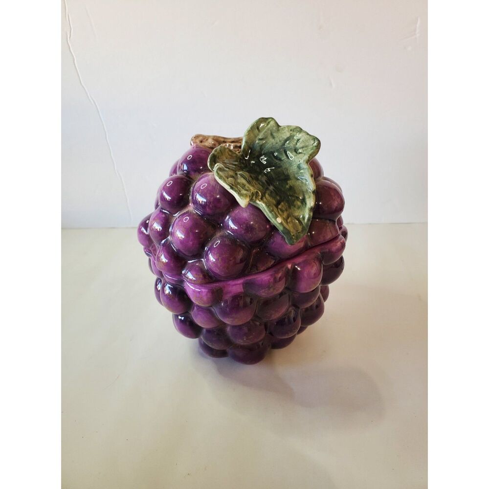 Vintage CIC Hand Painted Grape Small Ceramic Canister Jar Signed Lisa Leaf